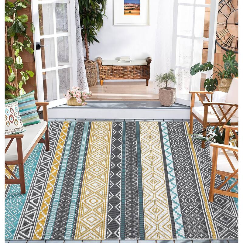 Outdoor Rug Waterproof Patio Rug Mat Geometric Rug Plastic Straw Outside Rug for RV Camping Picnic Reversible Rug