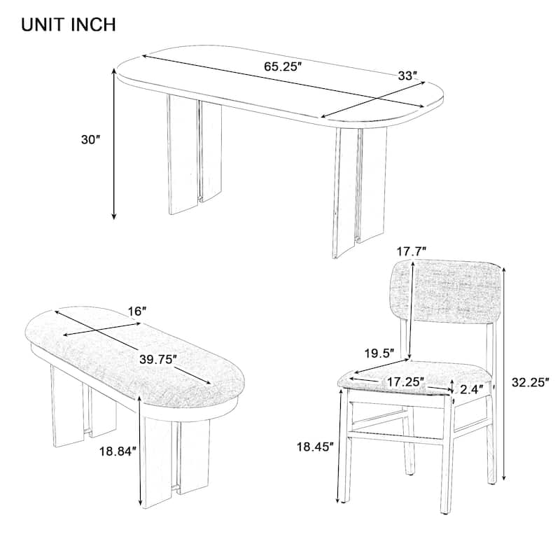 6-Piece Upholstered Rectangular Dining Room Table Set with Bench, 2-Color Modern Farmhouse Kitchen Furniture for Family