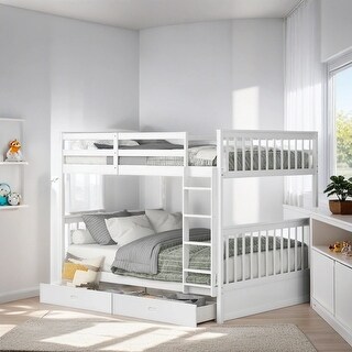 Full over Full Size Bunk Bed with Ladders, Solid Wood Kids Storage Bed Frame with 2-Storage Drawers for Bedroom, White