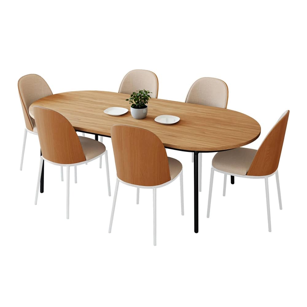 Tule Modern 7-Piece Dining Set with Solid Wood Top Dining Table and Fabric Upholstered Metal Legs Dining Chair