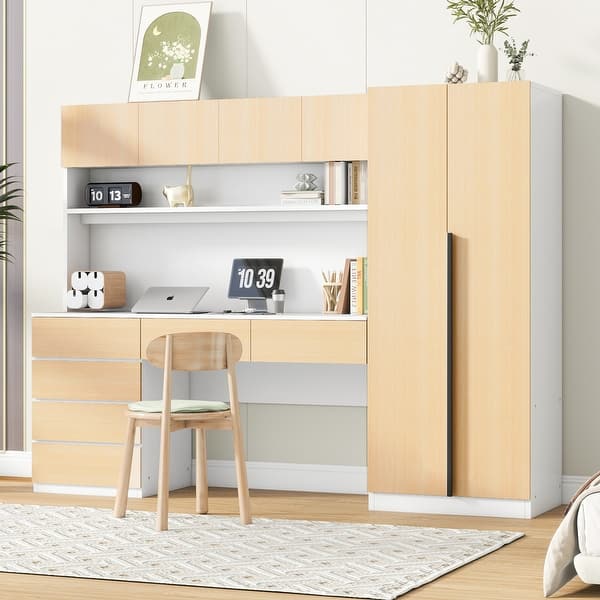 Bedroom Wardrobe and Desk Combo Set Armoire 6 Drawers Dresser, Natural -  Bed Bath & Beyond - 41680821