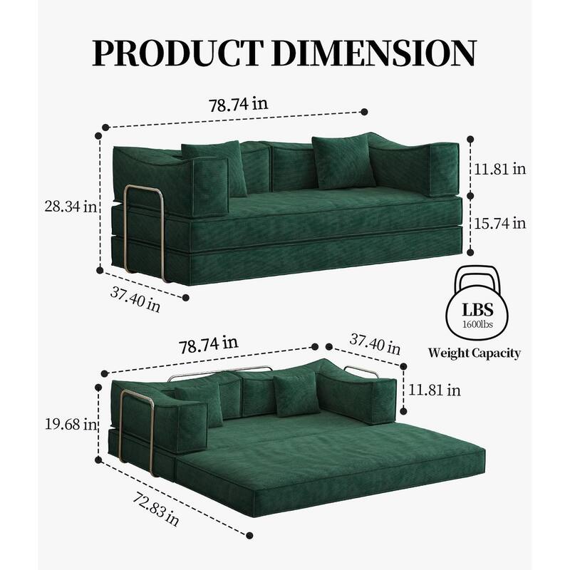 78.7" Foam 3-Seater Sleeper Sofa, With Armrests, Cozy and Functional