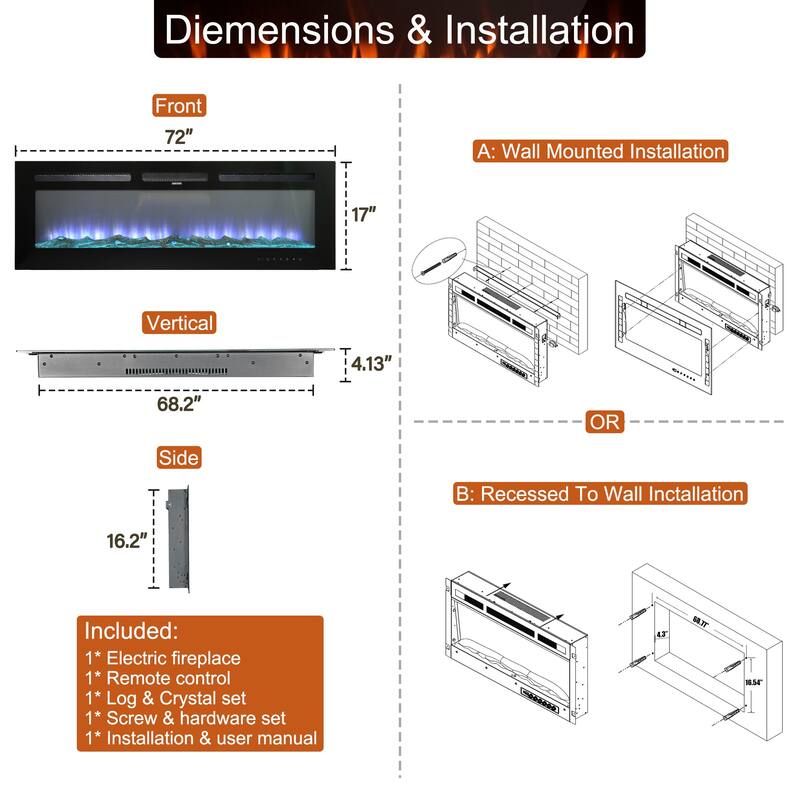 Clihome Ultra-thin Recessed Wall-Mounted Electric Fireplace