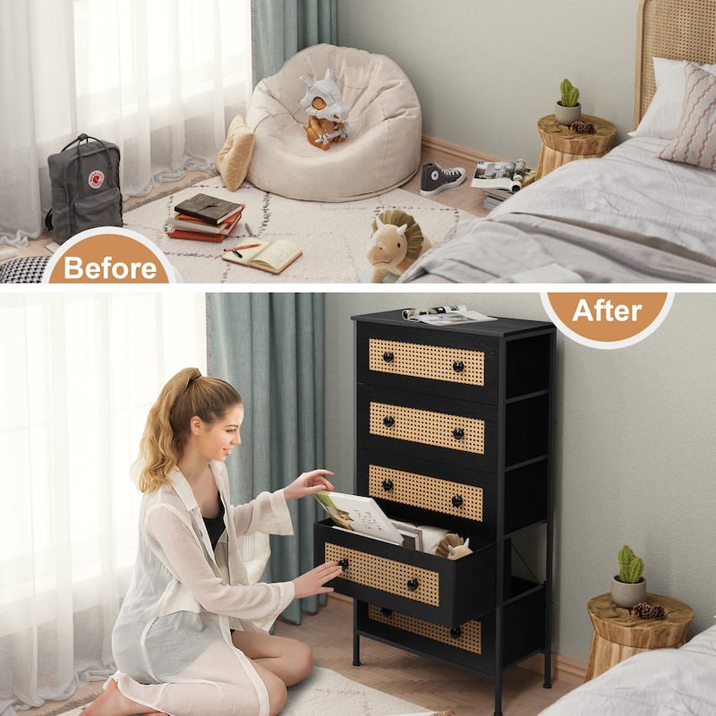 Crestlive Dresser Closet PE Wicker Rattan Storage Tower Organizer Chest of 5 Drawers