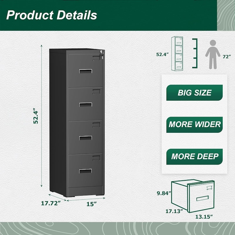 2/4 Drawer Vertical File Cabinet with Lock for Home Office, 18" D Filing Cabinet for Hanging Letter/F4/A4/Legal Size Folders