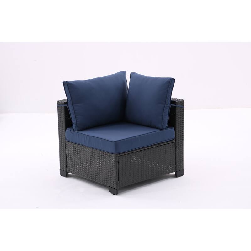 Modern Patio Sectional Couch Furniture Set,Coffee Rattan Sofa Set with Corner Chairs,Ottomans and Glass Top Table,Blue Cushions