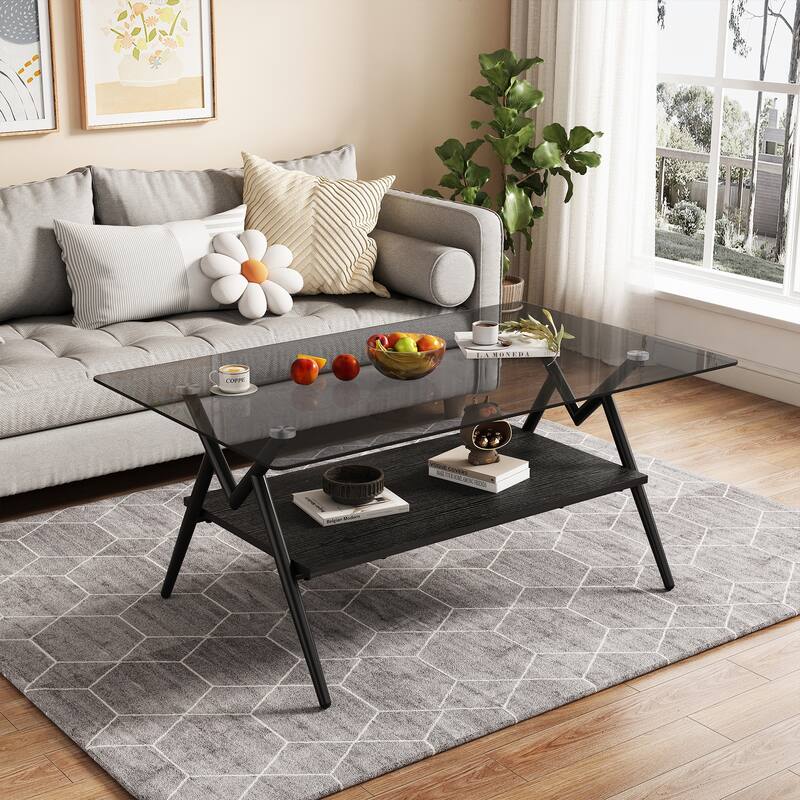 Rectangle Coffee Table with Tempered Glass top and Black MDF Shelf - Gray+Black