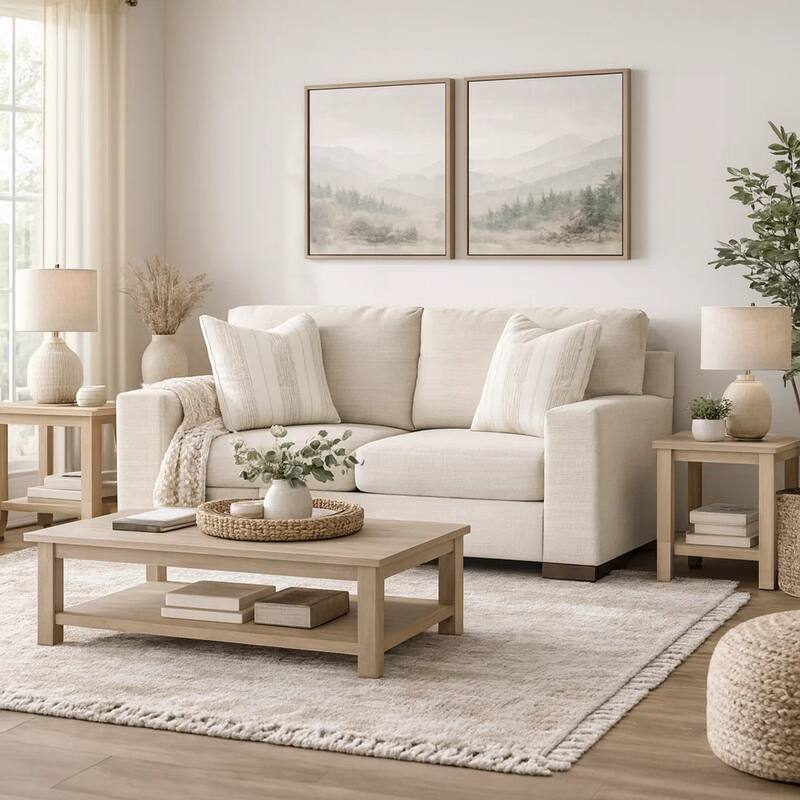Magg 70 Inch Loveseat, 2 Accent Pillows, Oversized, Beige Polyester