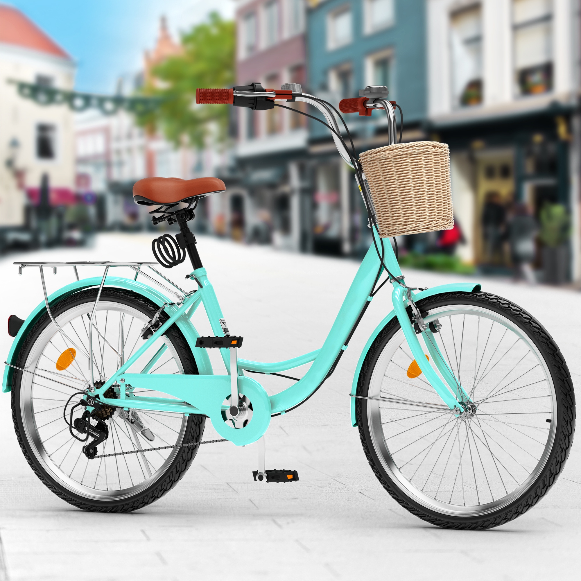 Mint green beach cruiser with basket outlet