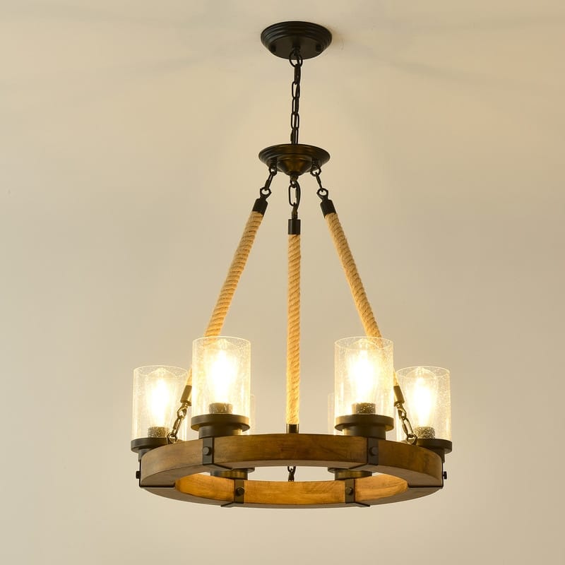 Farmhouse Wagon Wheel Chandelier Round Wood Pendant Lighting Fixture for Dining Room
