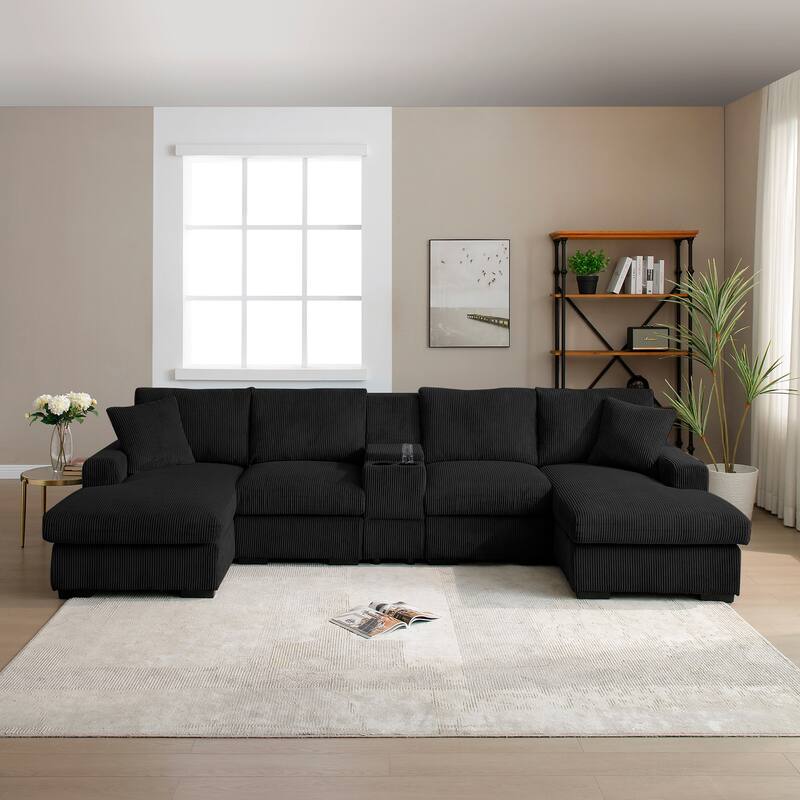 Modern Memory Foam Couch Corduroy U-shaped Sectional Sofa with Storage Console, Cup Holders and USB Ports for Living Room - Black