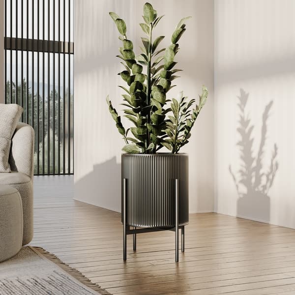Everett Black Mid-Century Modern Indoor Metal Pot Planter with 4-Leg Metal Base - 14.75" H x 11.75" W - Gold