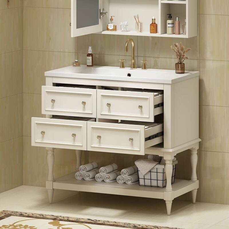 35'' Wall Mounted Bathroom Mirror Cabinet with Adjustable Shelves and Open Storage