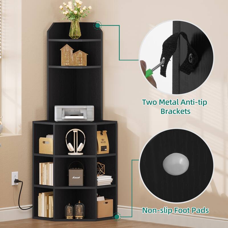 Moasis Industrial Corner Display Bookshelf Bookcase with USB Ports and Outlets