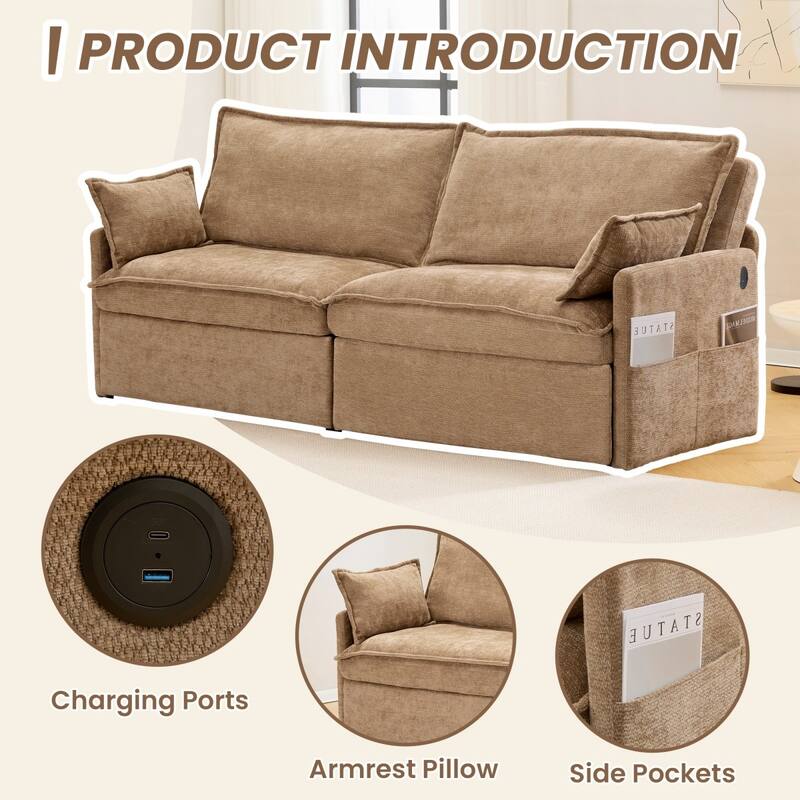 73.6" Corduroy Convertible 3-in-1 Sofa Bed with Charging Ports