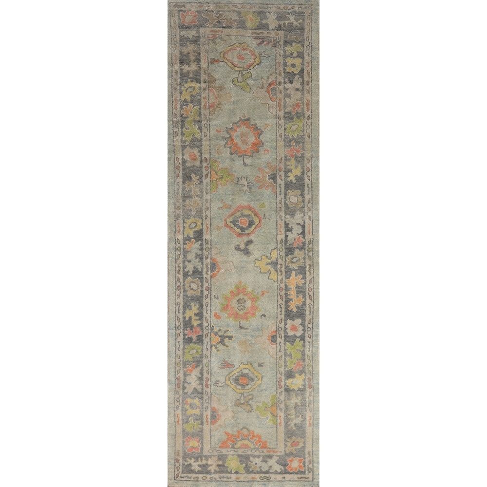 Hand Knotted Oriental 100% Wool Carpet Transitional Floral Navy Blue & Blues Oushak Runner Rug - 10' 9'' X 2' 11''