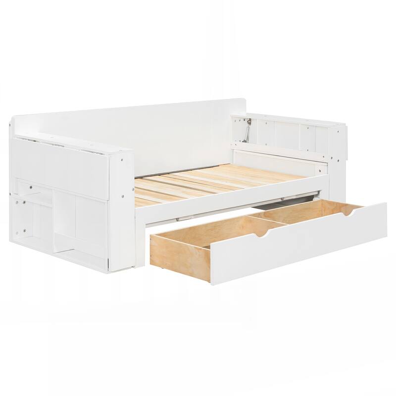 Full Size Daybed with Removable Desk, Storage Drawers & Hydraulic Side Table - White