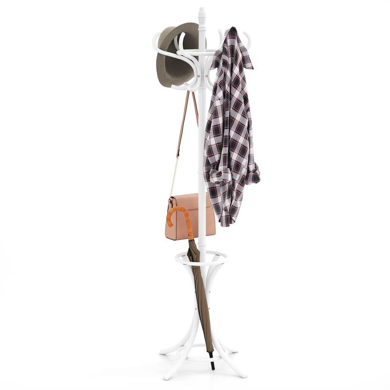 Gymax 73'' Freestanding Coat Hanger Stand Coat Rack w/ Umbrella Holder - White