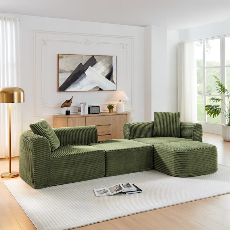 114" Modern Corduroy Modular Sofa with Movable Ottoman for Living Room - Green