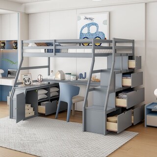 Wooden Full Size Loft Bed with Build-in Study Desk, Storage Stairs, Shelves, Drawers for Kids, Teens - Large Space Underneath