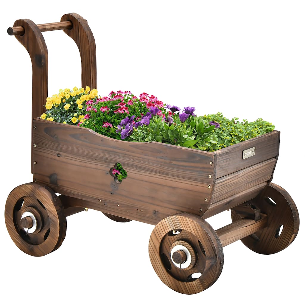 Costway Decorative Wagon Cart Plant Flower Pot Stand Wooden Raised - 27'' x 15'' x 21'' (L x W x H)