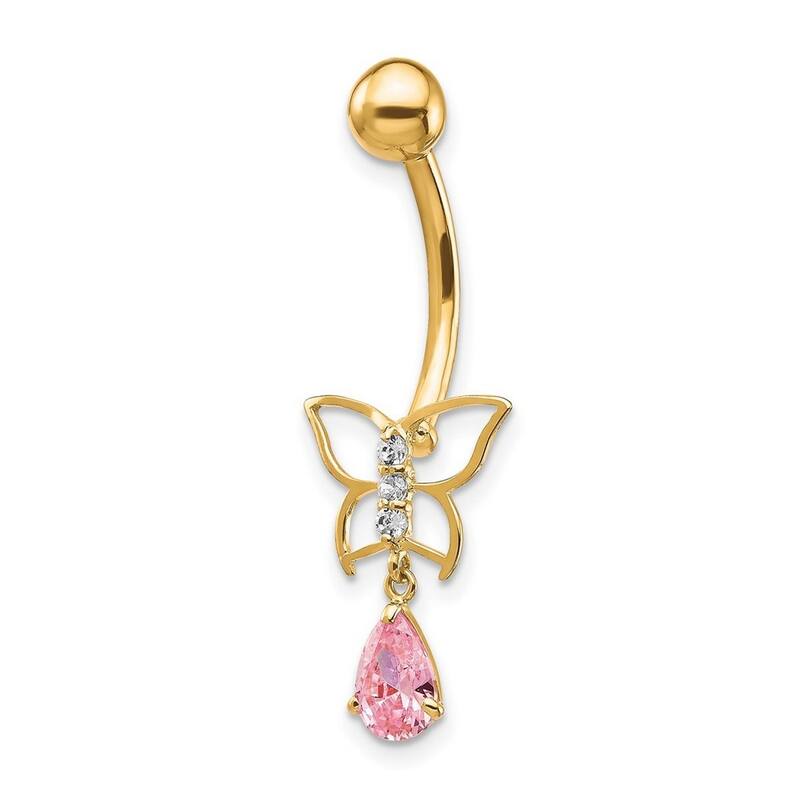 Curata 10k Yellow Gold 14g Pink CZ Simulated Diamond Butterfly Belly Ring Dangle