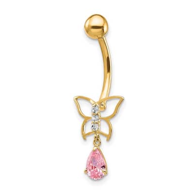 Curata 10k Yellow Gold 14g Pink CZ Simulated Diamond Butterfly Belly Ring Dangle