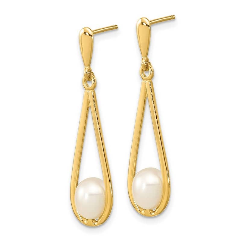 Curata 14k Yellow Gold 5-6mm White Freshwater Cultured Pearl Post Dangle Earrings (29x7.25mm)