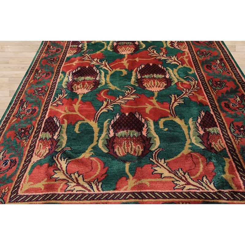 7'9''x9'10'' Hand Knotted Wool Teal-Green Arts & Crafts Boho Plush Pile Rug - 7' 9'' x 9' 10''