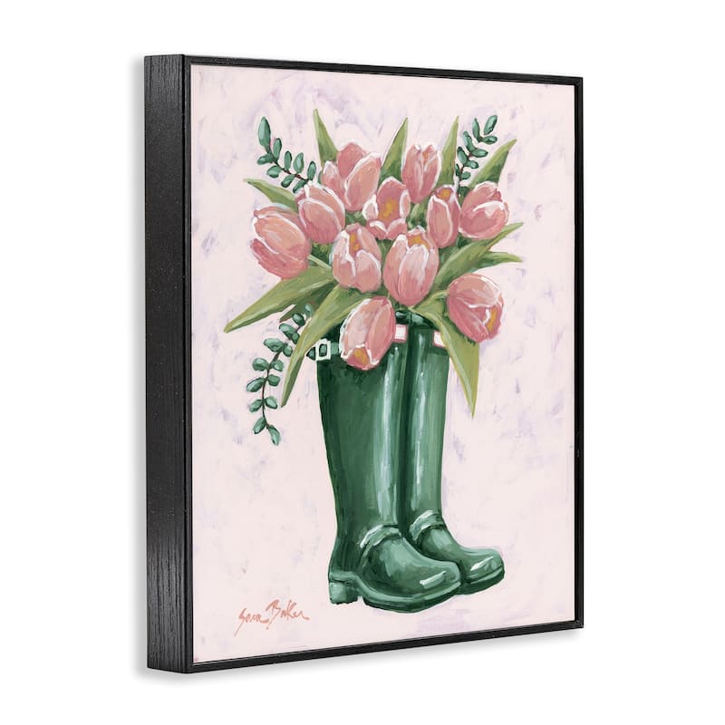 Stupell Pink Tulips in Boots Framed Giclee Art Design By Sara Baker