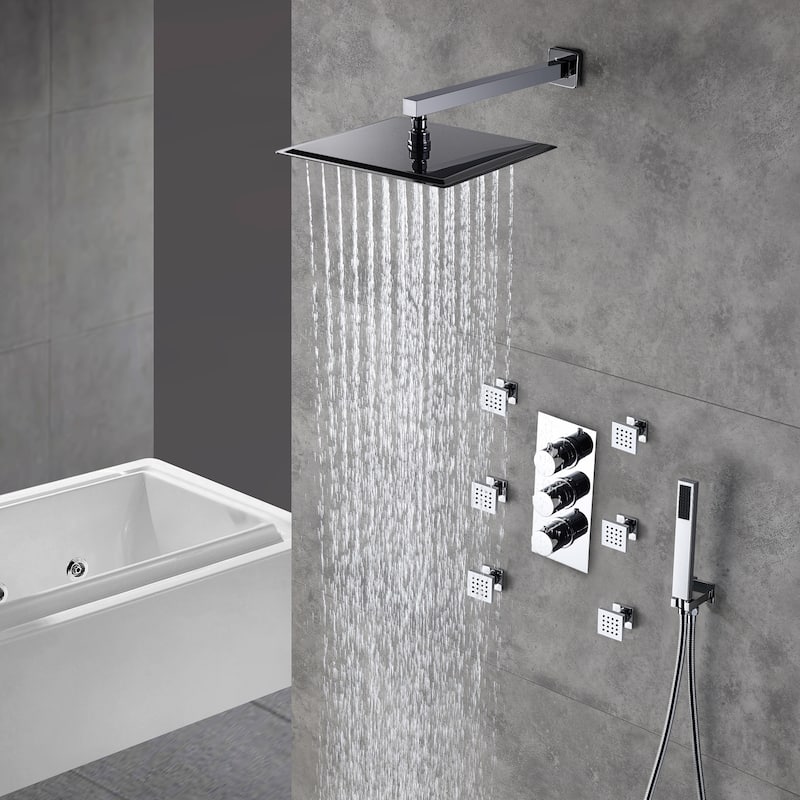 Thermostatic 12 in. Wall Mount Shower System with 6 Body Sprays