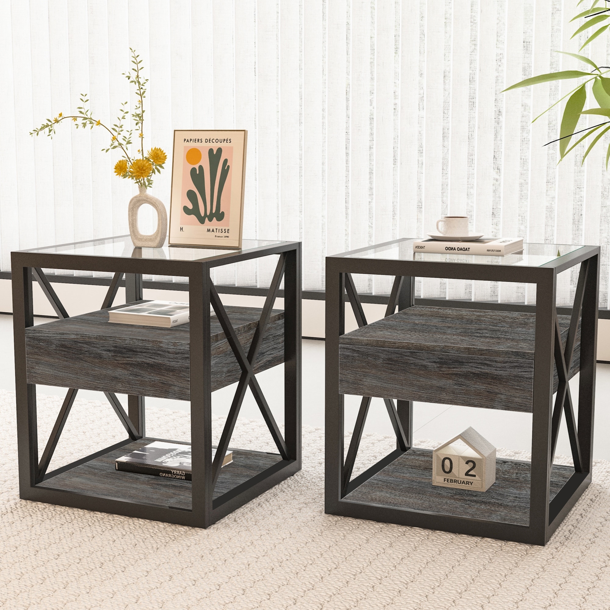 Set Of 2 Modern End Table With Drawer - Nightstand For,Rustic Wood Grain Mdf&Tempered Glass Top, Industrial Style Side Table