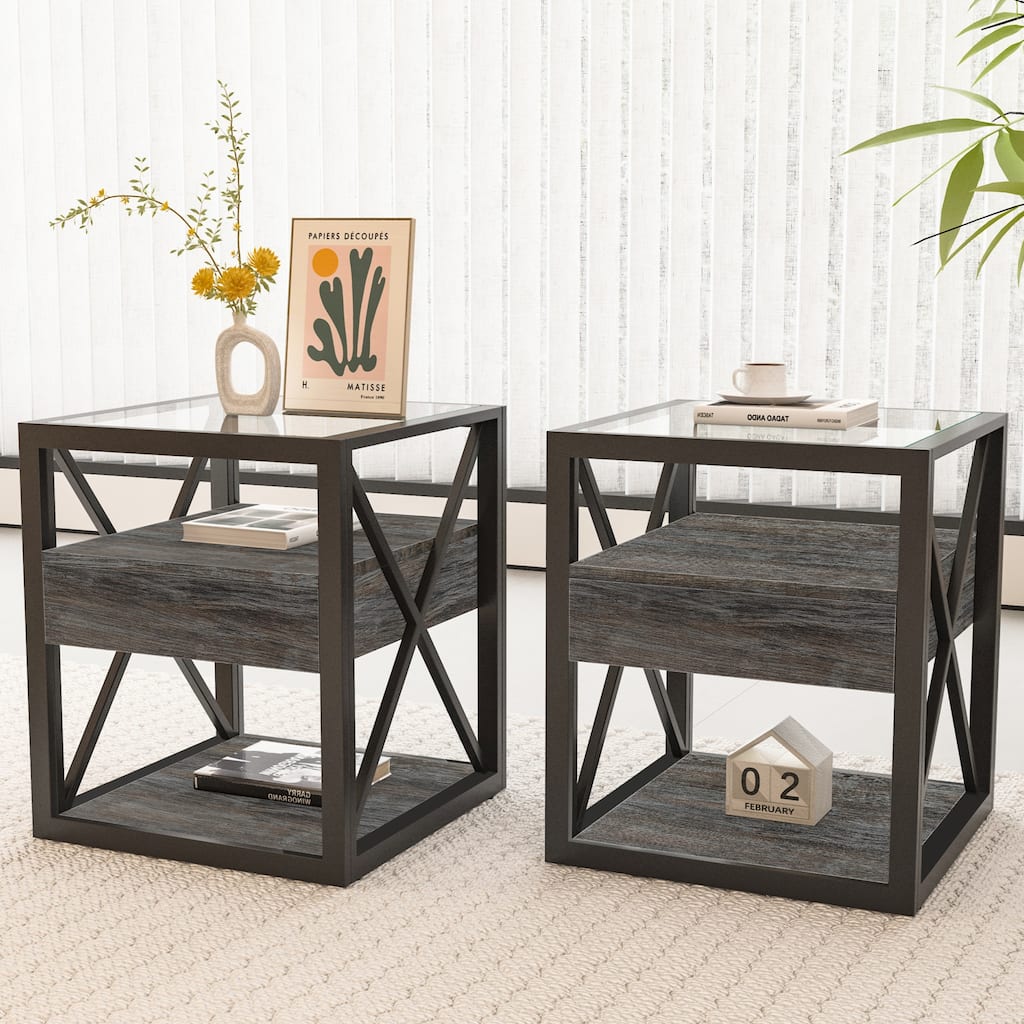 Set of 2 Modern End Table with Drawer - Nightstand,Rustic Wood Grain MDF & Tempered Glass Top,Industrial Style Side Table