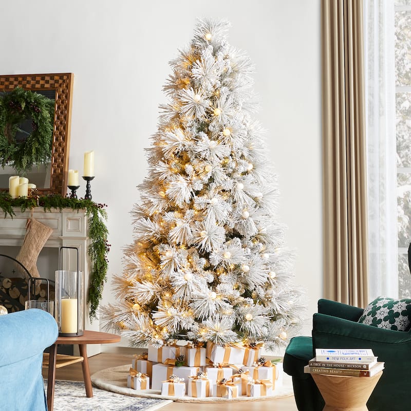 Glitzhome 7.5FT/9FT Pre-Lit Flocked Snowy Full Pine Artificial Christmas Tree with Warm White Globe Lights & Foot Switch - 7.5ft