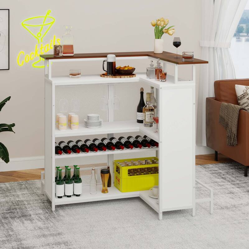 Moasis Home Bar Unit L-shape Liquor Bar Table with 2-Tier Storage and Shelves