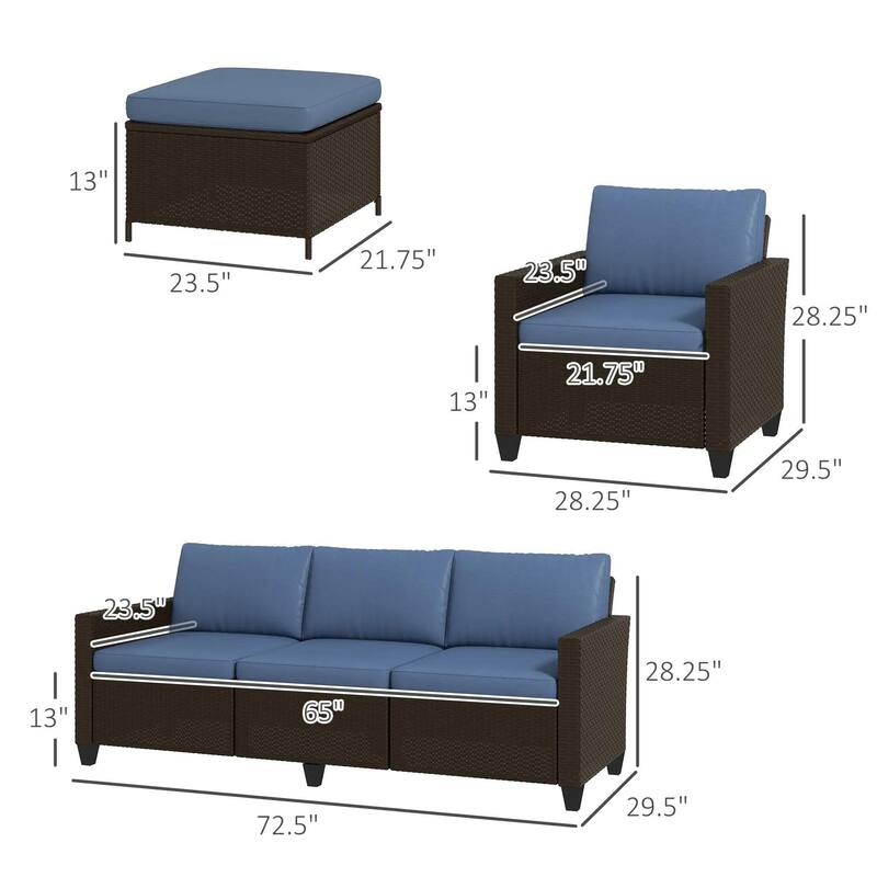 5PC PE Rattan Patio Set, Armchairs, Footstools, Cushions
