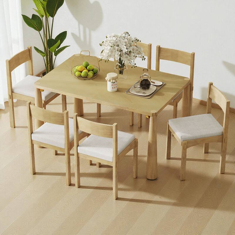 7-Piece Retro Farmhouse Dining Table Set, 59.8" Wood Table with 6 Upholstered Chairs for Dining Room or Kitchen - Natural