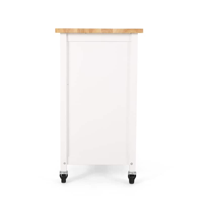 Contemporary Kitchen Cart with Rubberwood Top, Multi-Function Storage Drawer, Open Shelves, Rolling Casters with Locks