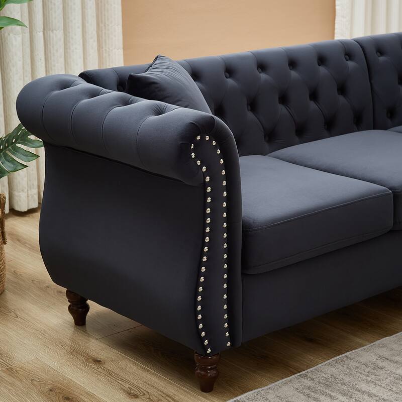 L-shape Corner Sectional Sofa with Button Tufted Back and 3 Pillows
