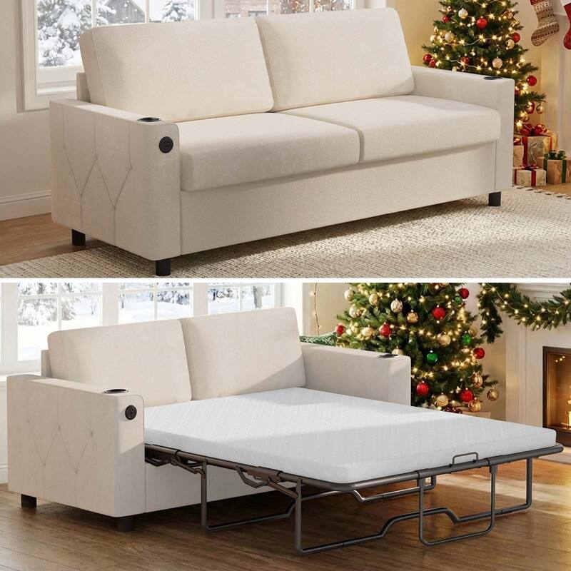Mixoy Pull Out Sofa Bed,Sleeper Sofa Couch with Memory Foam Mattress,Cup Holder,USB,Pull Out Couch Bed - Full Size - Beige