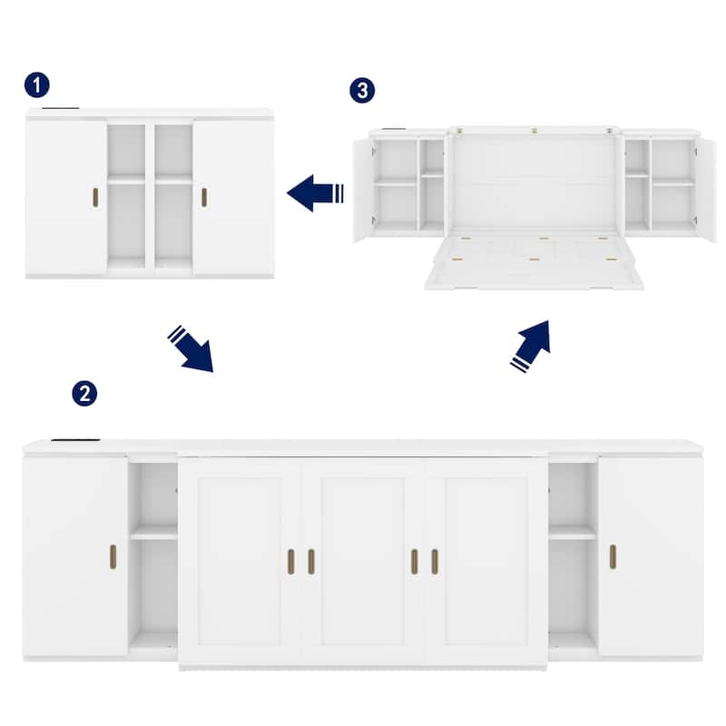 Full Size Modern Style Murphy Bed with Shelves, Cabinets and USB Ports for Bedroom
