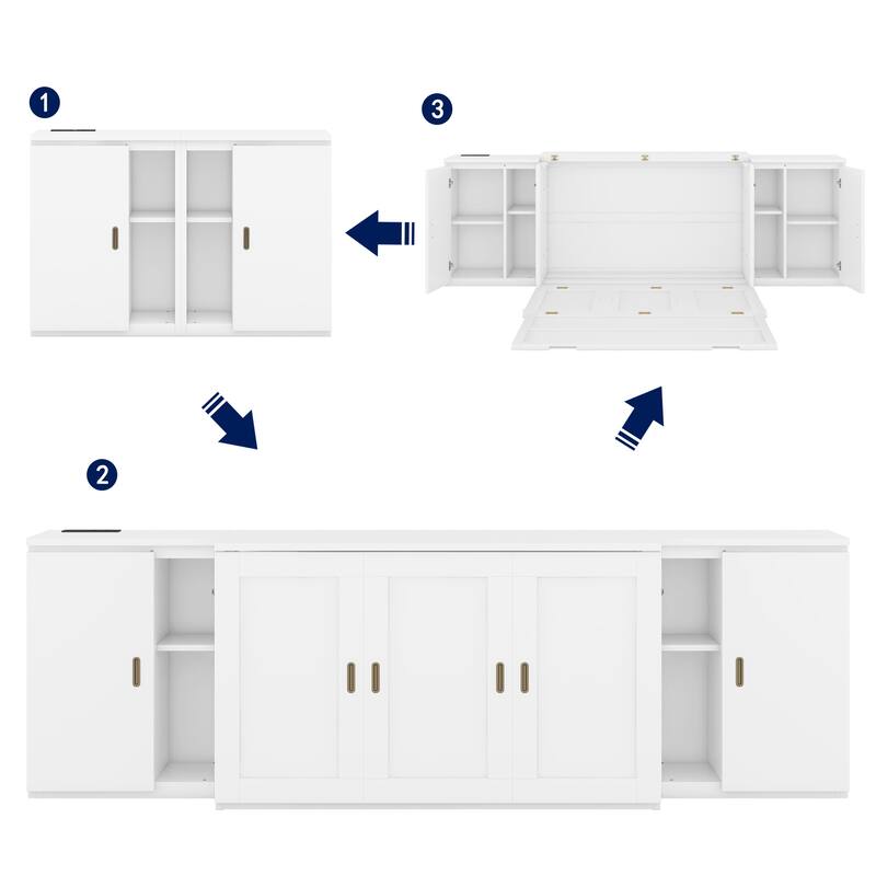 Full Size Murphy Bed Cabinet with Storage Shelves and USB Ports, Wooden Floor Bedframe, Foldable/Space Saving Design