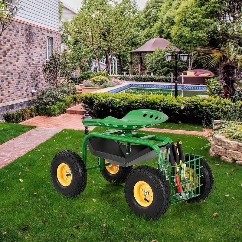 Garden Cart with Rolling Seat & Tool Tray for Lawn Care Gardening
