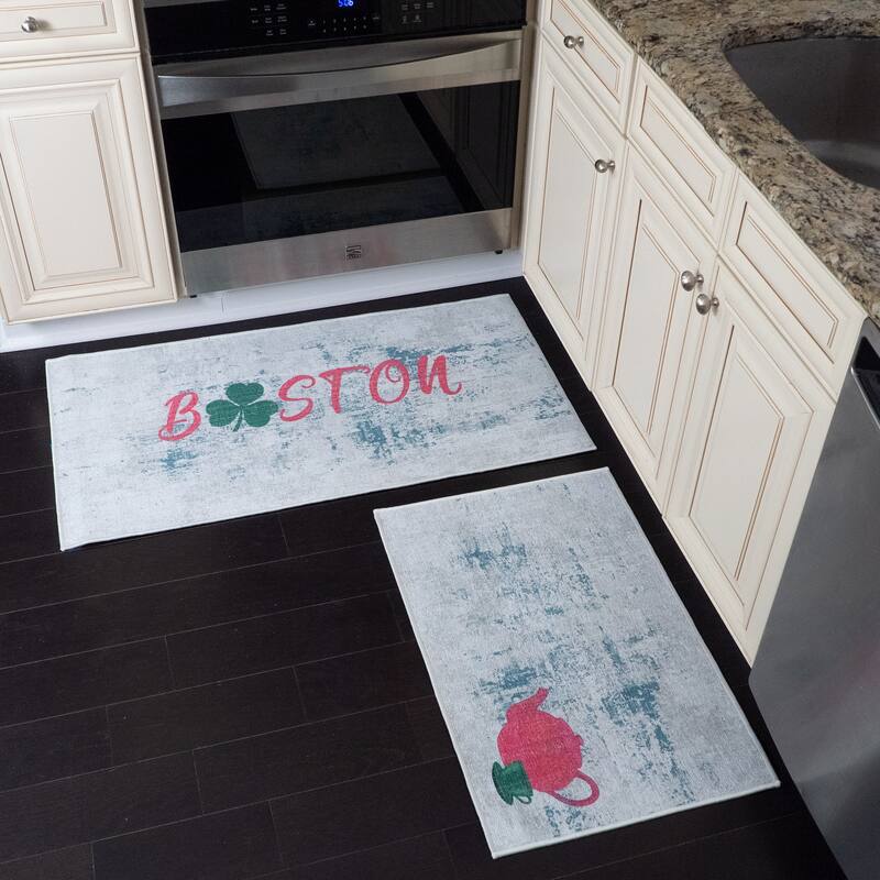US States Design Non Skid Washable Kitchen Runner Rugs Set of 2 - Set of 44 x 24 and 31.5 x 20 Inches Low Pile Floor Mats - Boston