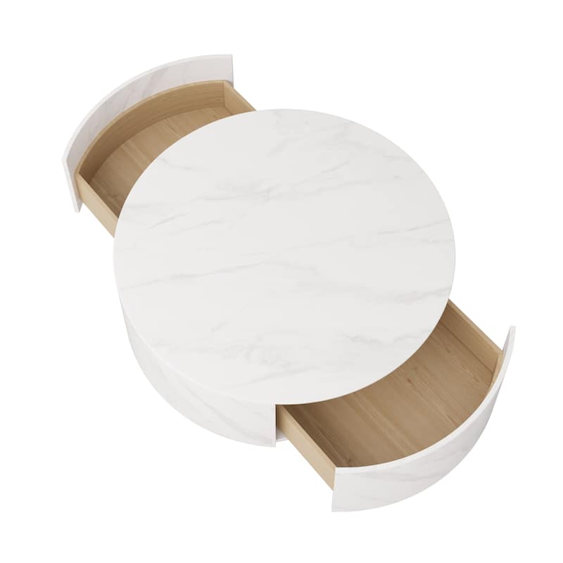 Modern Round Coffee Table with 2 Drawers, Sintered Stone Tabletop and Golden Base
