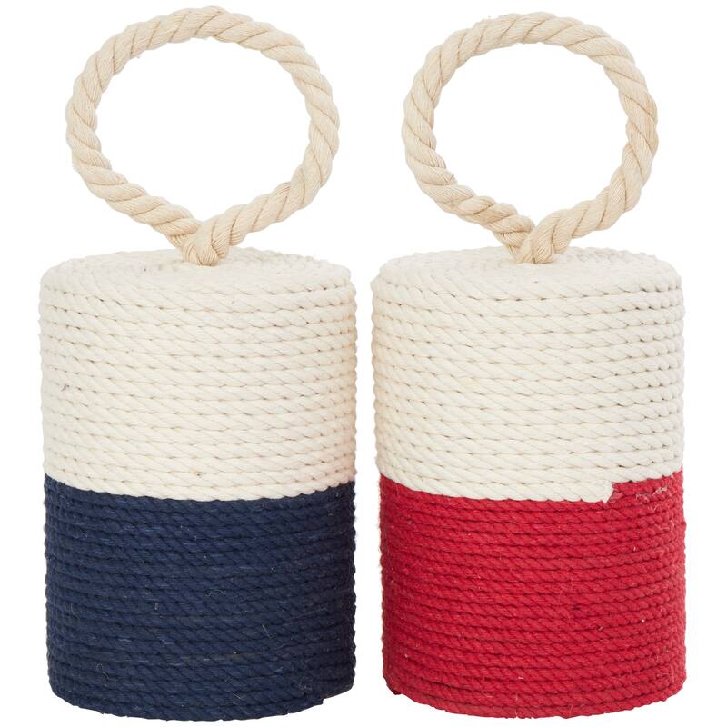 Cream Cotton Fabric Coiled Colorblock Buoy Sculpture with Red and Blue Bases (Set of 2)