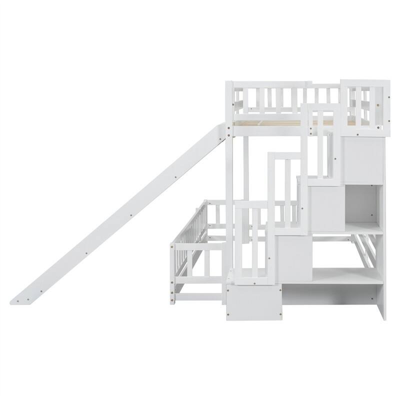 Twin Over Full Multifunctional Kids Bunk Bed Frame with Slide, Wooden Loft Bed with Storage Staircase and Guardrails
