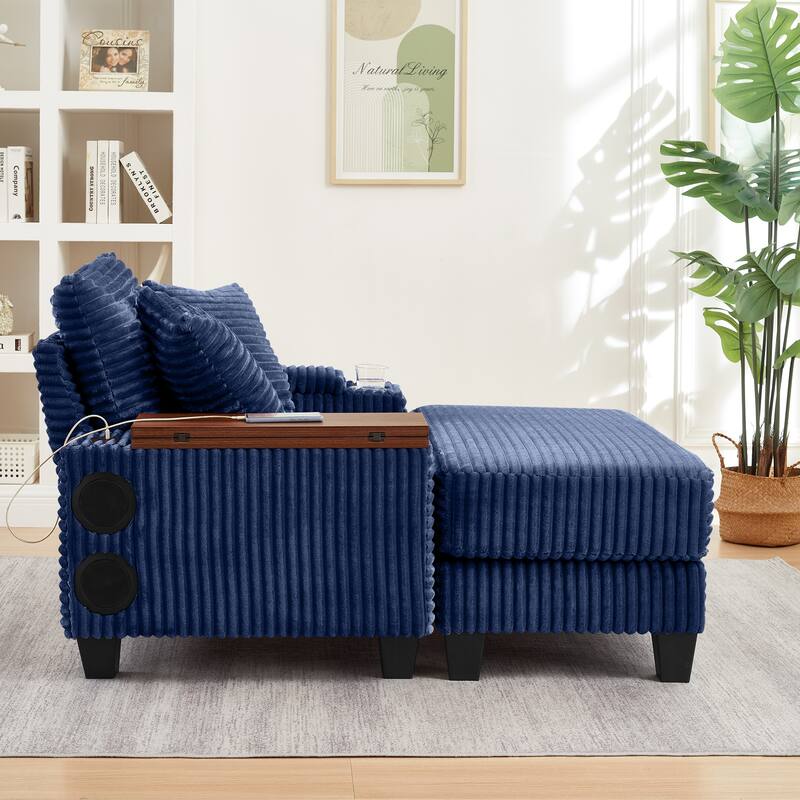 Versatile Chaise Lounge Single Sofa Chair with Ottoman, Swivel Table, Storage Armrest, Cup Holder, Bluetooth Speaker and USB