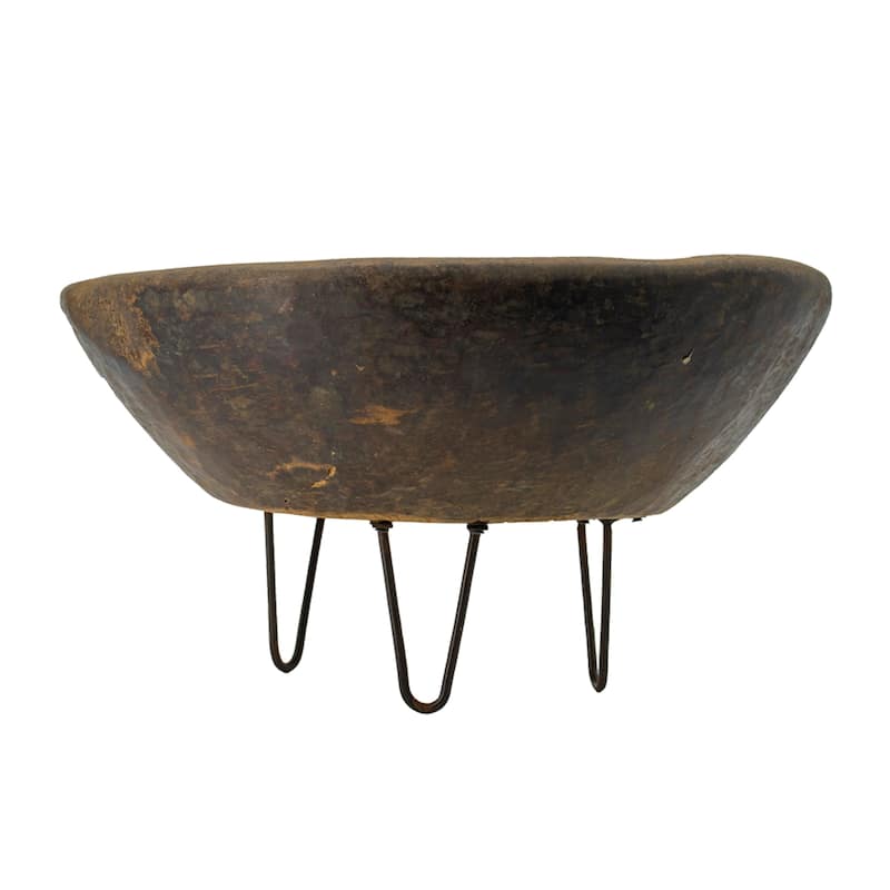 Hand-Carved Wooden Bowl with Metal Hairpin Legs - 20"
