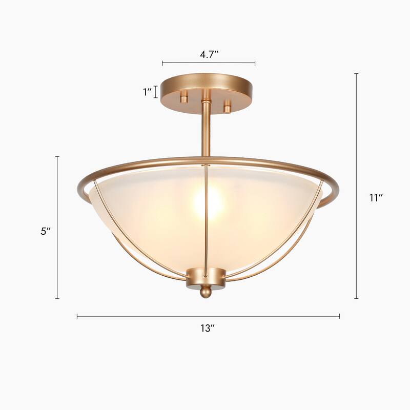 Mid-Century Modern 3-Light Gold Semi-Flush Mount Ceiling Frosted Glass Light for Kitchen - 13" D x 11" H